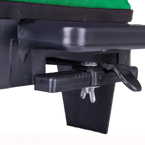 Close-up of mounting clamp on Hand Held 25 Pound Bag Seeder Spreader for Lawn Care with weatherproof 600D bag