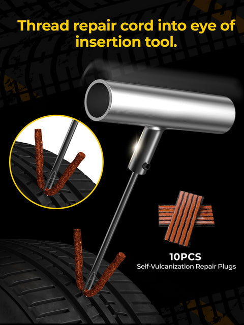 Pro Grade Tire Repair Kit With Plugs For Punctures And Flats, tool threading plug into tire puncture on black tire
