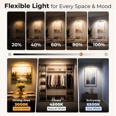 Gold Wireless Picture Lights For Wall Art 2 Pack Rechargeable Wall Spots With Led Battery Screen Dimmable Gallery Bulbs showing flexible light levels.