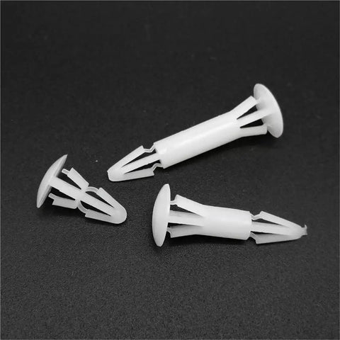 500 Pack Nylon Push In Rivets Fasteners High Strength Standoff Spacers And Snap Clips For Pcb Circuit Board Assembly Secure Mounting Hardware Fits 3 mm 4 mm 4.5 mm 5 mm 5.5 mm Holes, three nylon push rivets on black background.