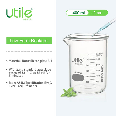 12 Pack 400ml Low Form Beaker Set With Spouts, Single Borosilicate 3.3 Beaker with Printed Graduation and Marking Area