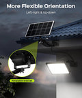 Ridiculously Bright Solar Dusk To Dawn Flood Light With 1000 Lumens, 299 LED, mounted on house roof with solar panel.