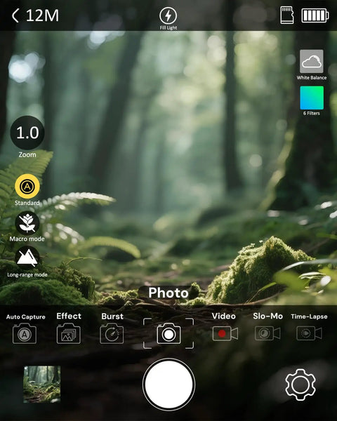 4K Digital Camera With 400X Microscope, 12.3MP BSI CMOS, Autofocus, 3.5 Inch LCD, Compact Point And Shoot For Photography, Cool Kid Friendly Gift For Curious Minds And Young Explorers. Camera screen showing photo mode over a forest scene.