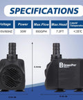 Specifications of 2-Pack 550 GPH Dope Submersible Fountain Pumps Ultra Quiet with 4 Nozzles, dimensions and features displayed
