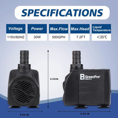 Specifications of 2-Pack 550 GPH Dope Submersible Fountain Pumps Ultra Quiet with 4 Nozzles, dimensions and features displayed
