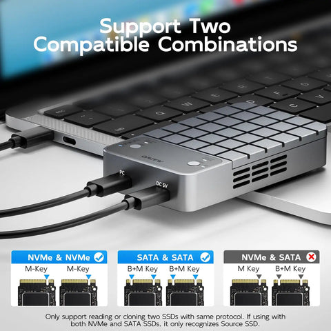 Dual Bay Raid Enclosure For M.2 Nvme Sata Ssd With Clone Mode And Raid 0 1 Arrays USB C 20gbps Ports shown plugged into a laptop.