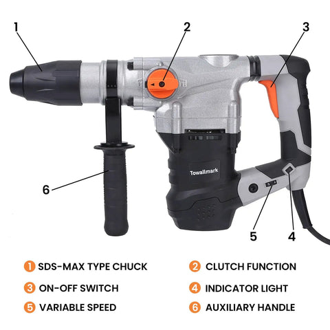 Heavy Duty SDS Max Rotary Hammer Drill With Vibration Control And Safety Clutch 13 Amp Powerhouse side view labeled parts