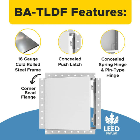 Concealed Touch Latch Access Door 12 By 12 With Mud-In Flange, 16-Gauge Cold-Rolled Steel Frame, LEED-Compliant Features