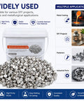 Premium Grade 99.6 Percent Pure Aluminum Ingots And Pellets Pack One Pound raw aluminum pellets in a storage container for DIY projects.