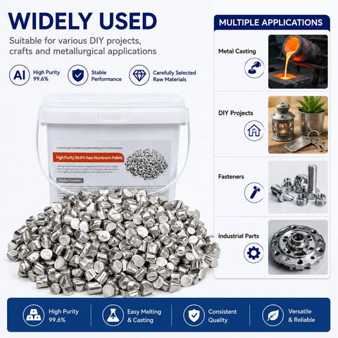 Premium Grade 99.6 Percent Pure Aluminum Ingots And Pellets Pack One Pound raw aluminum pellets in a storage container for DIY projects.