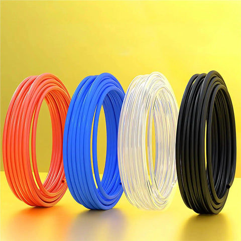Heavy Duty Pneumatic Hose 50 Meter Length Transparent PU Air Line Tubing in various colors displayed against a yellow background.