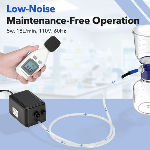 Dead Simple Oilless Lab Vacuum Pump 110V Pulls 16 To 18 Liters Per Minute via Its Switch, showing quiet operation and air measurement.