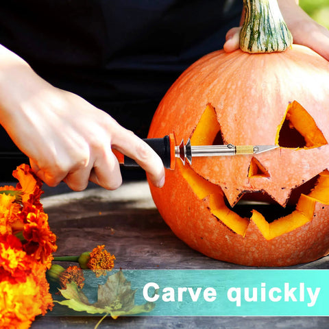 Side view of an electric hot knife cutter with orange handle carving a jack-o-lantern pumpkin