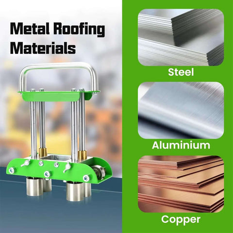 Pro-Grade Three Station Sheet Metal Roller Bender for 0 to 90 Degree Bends with images of steel, aluminum, and copper sheets