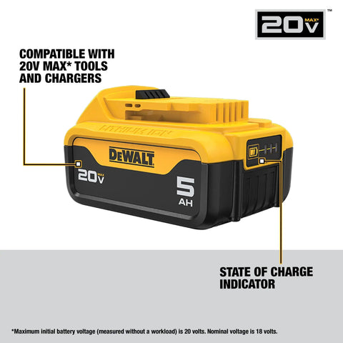 20 Volt Max XR Lithium Ion Battery 5Ah With LED Charge Indicator, DCB205 Compatible, designed for tough jobs and tools