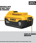 20V Max XR 5Ah Lithium Ion Battery Two Pack With LED Charge Indicator Delivers Long Runtime For Heavy Duty Drilling Grinding And Impact Work On The Jobsite Workhorse Power For Demanding Projects displayed with compatibility details and charge indicator
