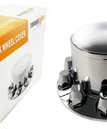 Four Pack 33mm Rear Wheel Covers For Semi Trucks And Big Rigs, Chrome Plated ABS Lug Nut Caps next to packaging box