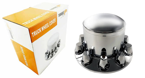 Four Pack 33mm Rear Wheel Covers For Semi Trucks And Big Rigs, Chrome Plated ABS Lug Nut Caps next to packaging box