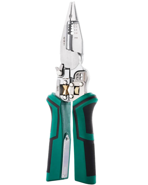 8 In 1 Wire Stripper Tool With Voltage Tester For 10-18 AWG, green handles, close-up front view