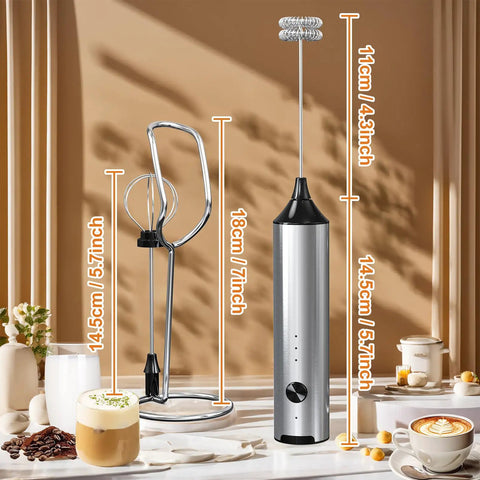Rechargeable Handheld Milk Frother With Stainless Steel Stand Three Speeds Electric Milk Whisk For Latte And Cappuccino Cordless Coffee Mixer With Type C Charging Easy One Touch Frothing For Barista Quality Drinks, dimensions labeled