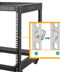 Heavy Duty M6 Rack Screws And Cage Nuts 50 Pack For Server Cabinet Rack Mounting Network Gear Phillips Truss Head With Nylon Washers No Sweat Install Slick Black Hardware Kit shown with server rack detail.
