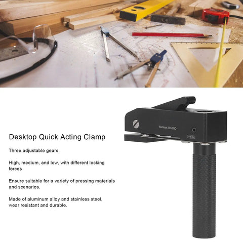 Desktop Quick Acting Holdfast Clamp Woodworking Bench Station With Hella Strong Grip Three Gear Locking System Router Hold Down Clip Solid Heavy Duty Build 20mm next to drafting tools, showcasing aluminum alloy and grip.