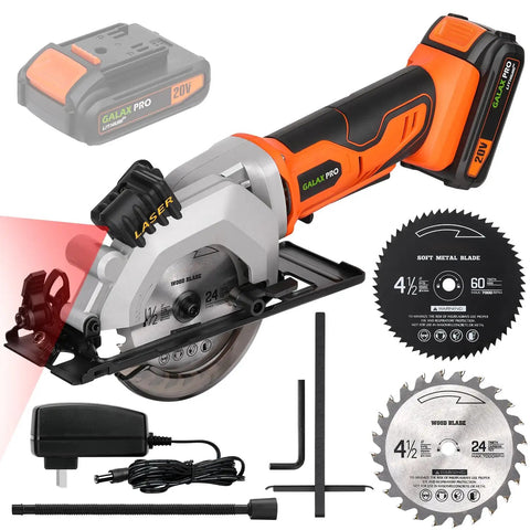 Compact Cordless Mini Circular Saw 20V Battery Powered With Blazing 3400 RPM Motor, laser guide, and wood/metal blades.