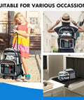 Transparent Rolling Backpack With Wheels And Three Stage Telescopic Handle Heavy Duty See Through Bookbag in outdoor and travel setting