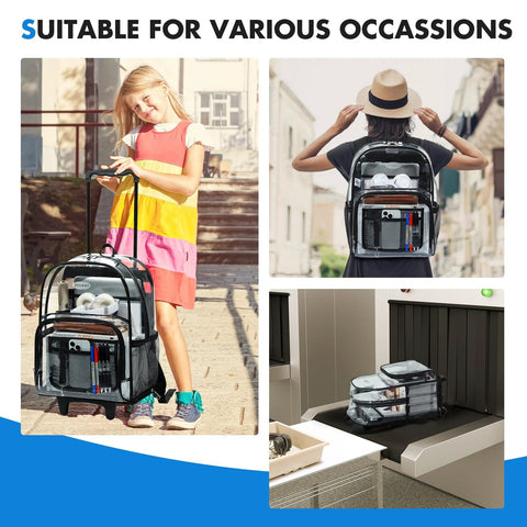 Transparent Rolling Backpack With Wheels And Three Stage Telescopic Handle Heavy Duty See Through Bookbag in outdoor and travel setting