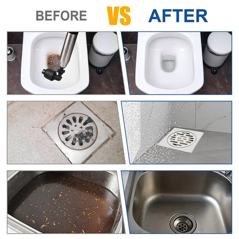 Rid Your Drain of Gunk Fast With Auto Air Pressure Plunger Blast Heavy Duty Sink Tube Kitchen Tool in before and after images.