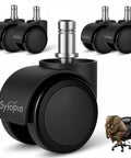 Close-up of Sytopia black office chair caster wheels with universal stem (7/16 x 7/8 in), 2-inch diameter, set of 5.