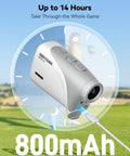 Pocket Size Golf Range Finder With 1200 Yards, Slope Switch, charging via USB C in golf course setting, 800mAh power display.