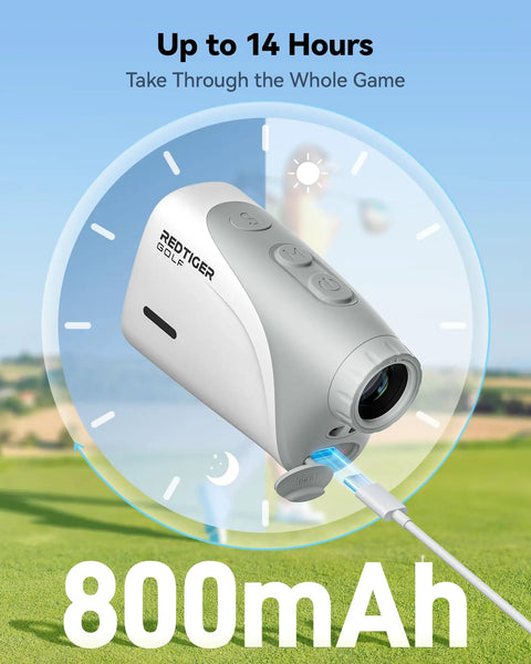 Pocket Size Golf Range Finder With 1200 Yards, Slope Switch, charging via USB C in golf course setting, 800mAh power display.