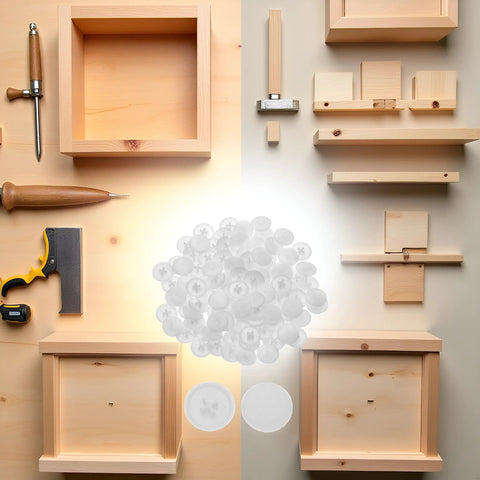100 Piece White Screw Cap Covers Kit For Phillips And Self-Tapping Screws 11mm Hole Caps displayed with woodworking tools