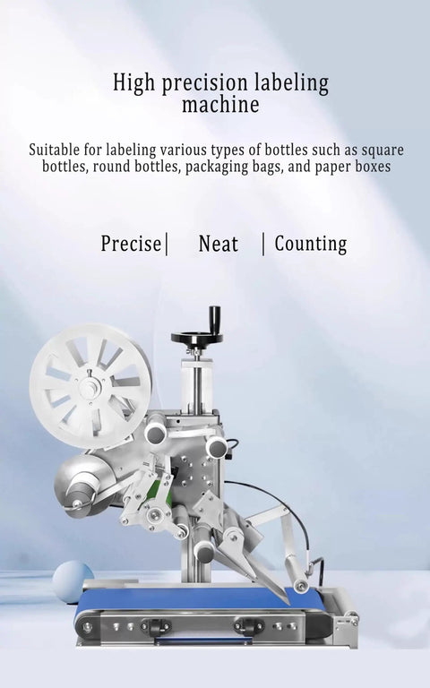 Fully Automatic Compact Labeling Machine With Conveyor Belt Self Adhesive Applicator For Round Bottles Boxes Bags Photoelectric Sensor Hustle Ready Heavy Lifter, side view showing labeling mechanism.