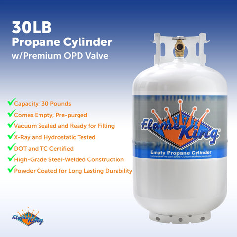 Heavy Duty 30 Pound Steel Propane Tank With Type 1 OPD Valve, Pre Purged And Ready To Fill, DOT And TC Certified, Rugged Welded Steel Cylinder Built Tough For Outdoor RV Use, Camping And Grilling - front view showing label and valve