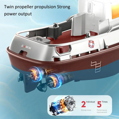 RC Tugboat Remote Control Boat For Pools And Lakes 2.4GHz Anti Interference Control LED Lights twin propeller close-up