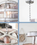 Close-up of 14 Inch Farmhouse Open Drum Pendant Light With Cylinder Glass Shade in White Ash Wood Style and Galvanized Finish