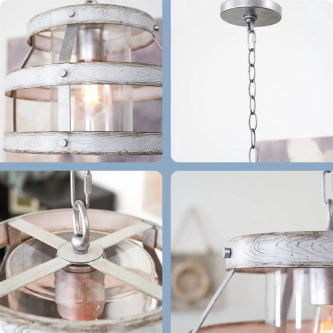 Close-up of 14 Inch Farmhouse Open Drum Pendant Light With Cylinder Glass Shade in White Ash Wood Style and Galvanized Finish