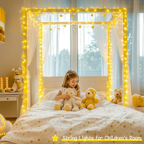 Warm White 300 LED Christmas String Lights With Clear Wire For Indoor Outdoor Use Waterproof Durable Eight Modes Including Sequential And Chase Effects For Steady Glow Plug In Fairy Lights For Christmas Tree Bedroom And Cozy Vibe Decor in child's room.