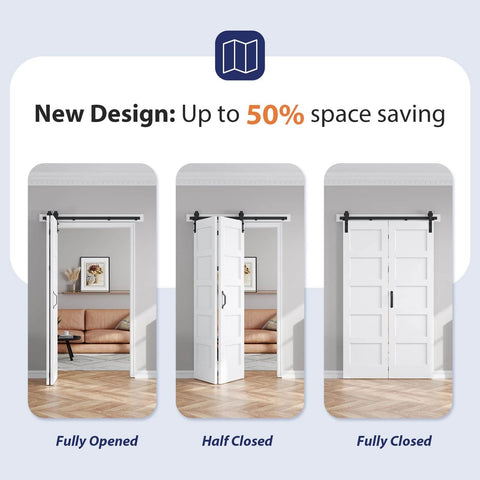 Double 24x84 Bi Fold Barn Doors White With 52 Inch Hardware Kit Waterproof PVC Surface For Closet installed in living room