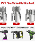 Heavy Duty PVC Pipe Threader Kit With Tapping Tool For 1/2, 3/4 And 1 Inch Pipes showing various thread cutting tools and compatible drills.