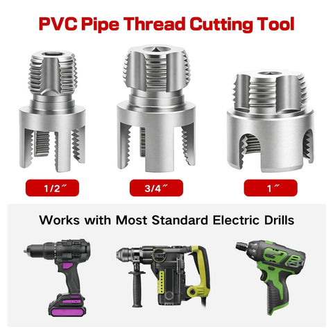 Heavy Duty PVC Pipe Threader Kit With Tapping Tool For 1/2, 3/4 And 1 Inch Pipes showing various thread cutting tools and compatible drills.