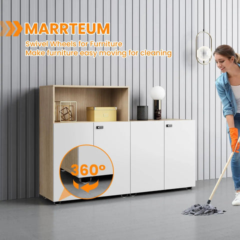4 Pack Ball Bearing Swivel Casters installed on white furniture in modern room, 360 Degree Rotation Universal Caster Wheels, 200 Pound Capacity Stick On Mini Wheels For Trash Cans, Storage Boxes, And Small Furniture, White.