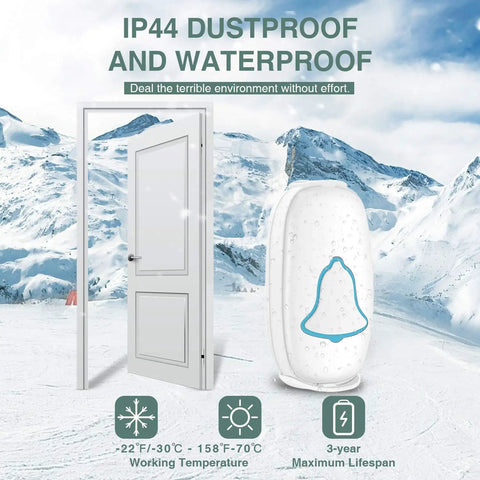 Waterproof Wireless Doorbell With 38 Melodies And LED Flash Easy Install 1000 Foot Range Includes Push Button And Receiver White