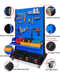 Heavy Duty Steel Tool Rack Organizer With Wheels And Durable Rust Resistant Finish, Supports Up To 1100 Lbs, showing tools and casters.