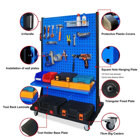 Heavy Duty Steel Tool Rack Organizer With Wheels And Durable Rust Resistant Finish, Supports Up To 1100 Lbs, showing tools and casters.