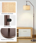 Bronze Arched Floor Lamp With Hanging Lampshade, stepless dimming rotary switch, sturdy base, for living room or bedroom.