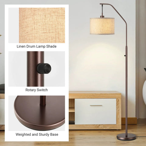 Bronze Arched Floor Lamp With Hanging Lampshade, stepless dimming rotary switch, sturdy base, for living room or bedroom.