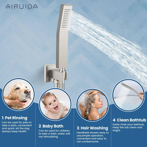 Handheld showerhead spraying water, part of Three Function Shower Faucet System With Waterfall Tub Spout And Handheld Combo, Brushed Nickel